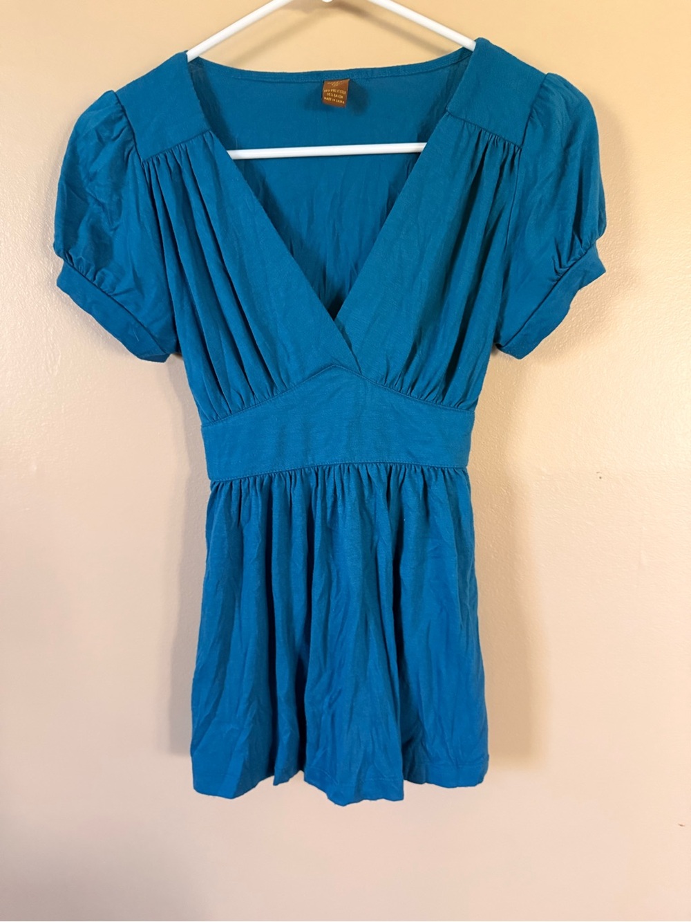 Copper Key Teal Babydoll Top Size M V-Neck Puff Sleeves Empire Waist